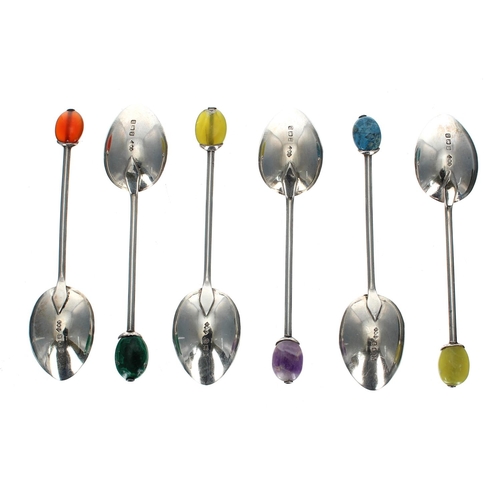 607 - Liberty & Co. set of six silver coffee spoons, each set with coloured hardstones in the original... 