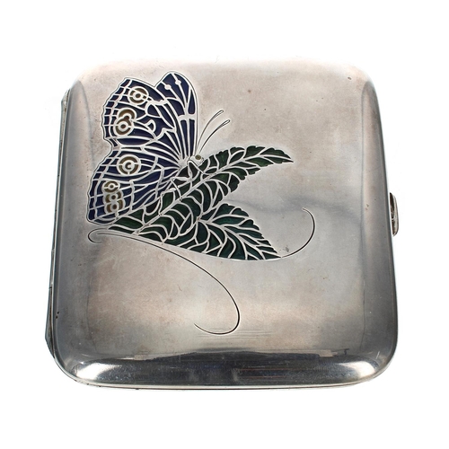 609 - French silver plique-á-jour cigarette case, the top decorated with a butterfly enclosing a gilt inte... 