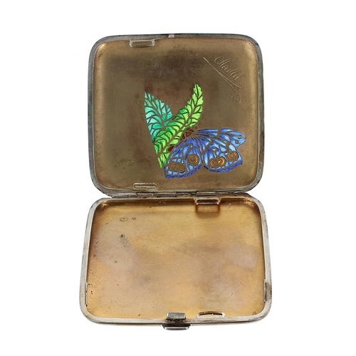 609 - French silver plique-á-jour cigarette case, the top decorated with a butterfly enclosing a gilt inte... 