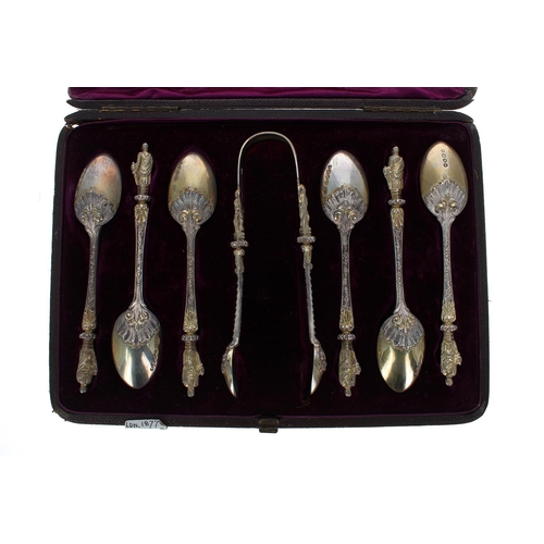 613 - Cased set of six Victorian silver apostle finial teaspoons and sugar nips, maker Charles Edwards, Lo... 