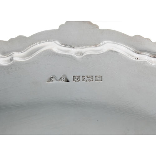 617 - Elizabeth II silver card tray, with shell cast scroll rim, raised on three shell scroll feet, maker ... 