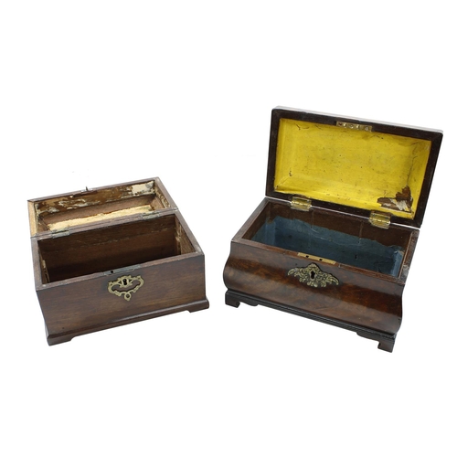 699 - Georgian mahogany tea caddy, of bombe form, the hinged cover with brass handle enclosing an open int... 