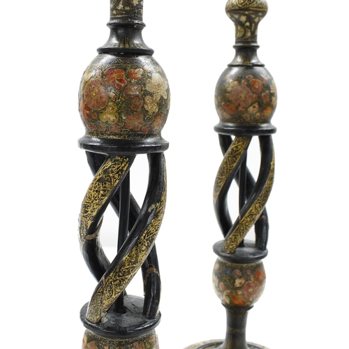 705 - Pair of Kashmiri papier maché table lamp bases, converted candlesticks, the open barley twist suppor... 