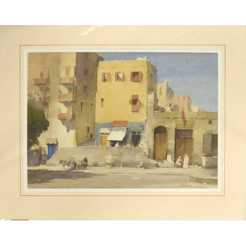 826 - Frank Sherwin (1896-1986) - Sunlit Eastern Courtyard scene with figures, possibly a scene in Egypt, ... 