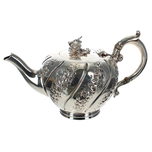 586 - Victorian silver bachelor three piece tea set, of melon form with wrythen foliate and floral embosse... 