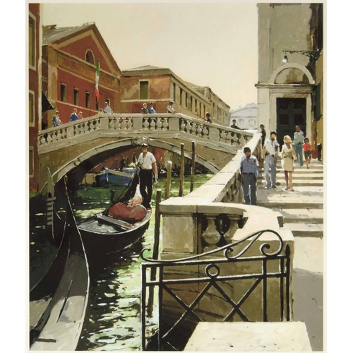 Aldo Balding (20th/21st century) - A venetian canal scene with figures in Gondoliers, signed Aldo also inscribed on a label verso, oil on canvas, 21.25" x 32"