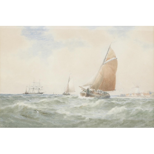 823 - George Stanfield Walters R.B.A., (1838-1924) - Fishing boat and other shipping off a coastline, a wi... 