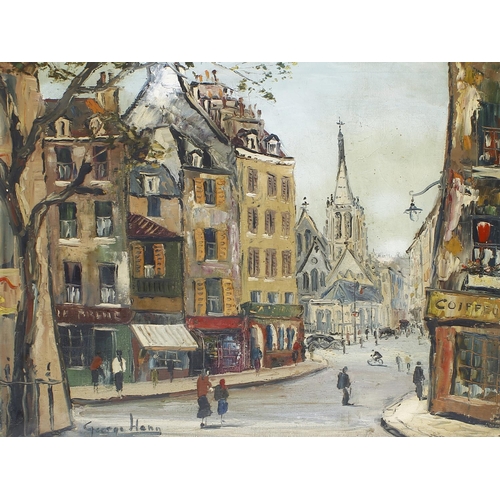 852 - George Hann (1900-1979) - Parisian street scene with figures, signed oil on canvas board, 20