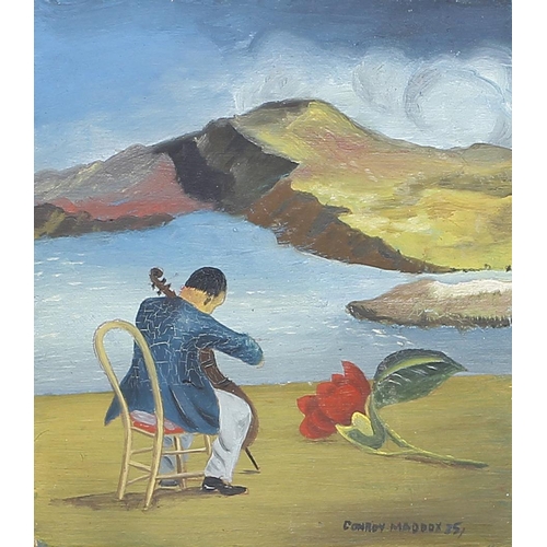 Conroy Maddox (British 1912-2005), 'Solitude', a 'cellist by a coastline, oil on board, signed and dated 35 (1935), 5.25" x 6", mounted in a deep box frame, bearing Blond Fine Art Limited label with title and collection details verso