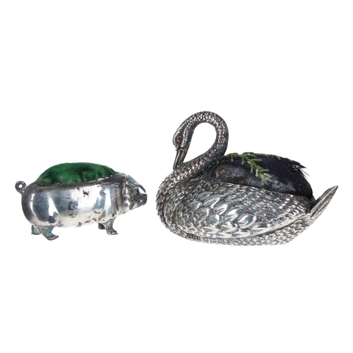 1199 - Edwardian novelty silver pin cushion modelled as a swan, maker Cornelius Desormeaux Saunders & J... 