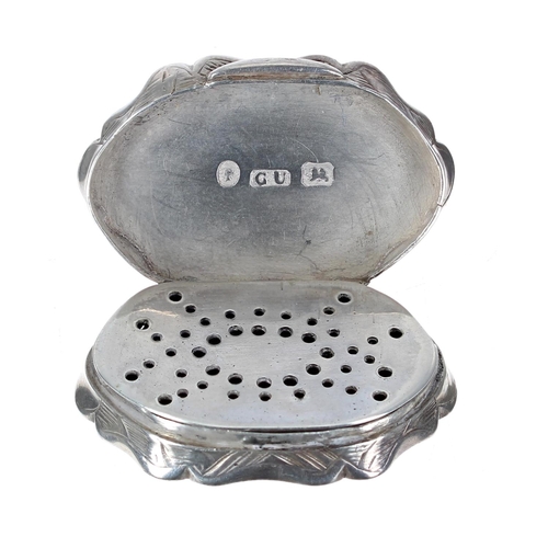 1224 - Victorian silver oval engraved vinaigrette, with a plain pierced grille interior, Birmingham 1868, m... 