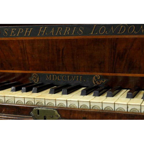 2508 - Bentside spinet by Joseph Harris, London, 1757, the lid and fallboard of walnut with holly stringing... 