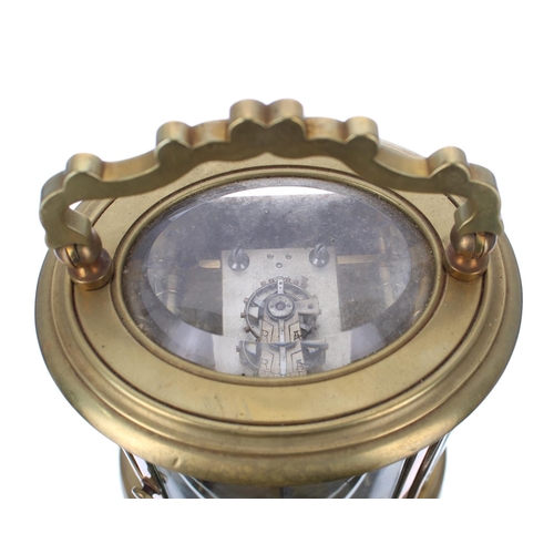 1061 - French oval carriage clock timepiece, the circular dial within a gilt mask and pillared stepped case... 