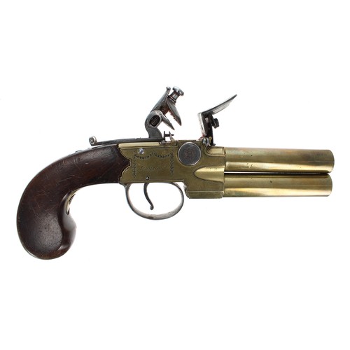 1112 - English early 19th century over-and-under tap-action flintlock brass barrelled pistol signed T. Ketl... 