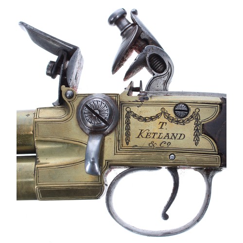 1112 - English early 19th century over-and-under tap-action flintlock brass barrelled pistol signed T. Ketl... 