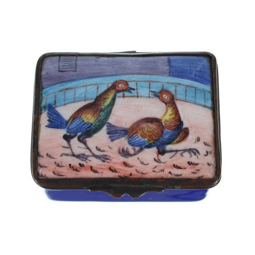 1233 - 19th century rectangular blue enamel patch box, the top depicting a cock fight, 2” x 1.5&rdquo... 