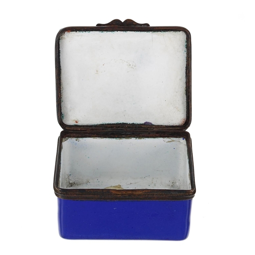 1233 - 19th century rectangular blue enamel patch box, the top depicting a cock fight, 2” x 1.5&rdquo... 