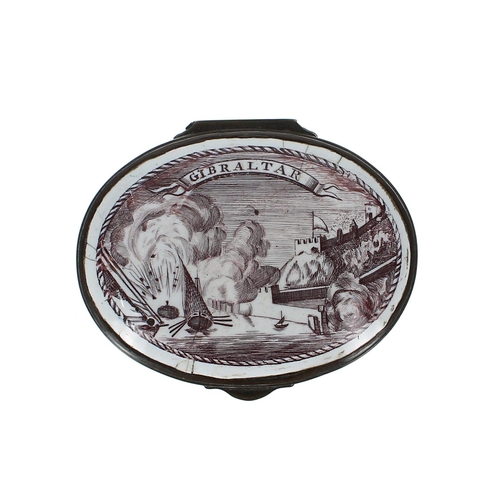 1234 - Rare 18th century Bilston pink enamel oval patch box, depicting the Great Siege of Gibraltar, w... 