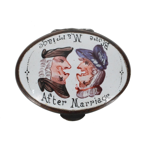 1235 - Bilston 18th century oval pink enamel patch box, the top painted with a satircal scene of a couple f... 