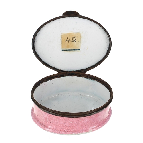 1235 - Bilston 18th century oval pink enamel patch box, the top painted with a satircal scene of a couple f... 