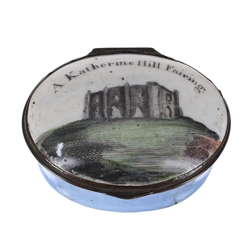 1236 - Bilston 18th century oval enamel patch box, the top titled ‘A Katherine Hill Fairing’, t... 