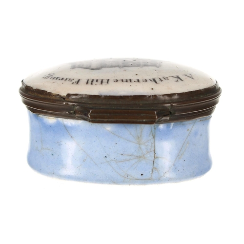 1236 - Bilston 18th century oval enamel patch box, the top titled ‘A Katherine Hill Fairing’, t... 