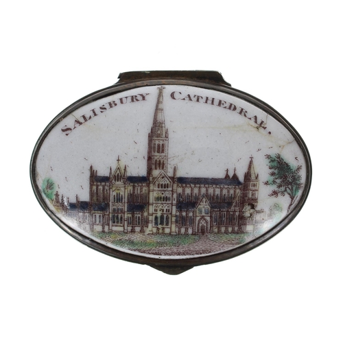 1237 - Bilston 18th century oval enamel patch box, the top titled and depicting Salisbury Cathedral, with a... 