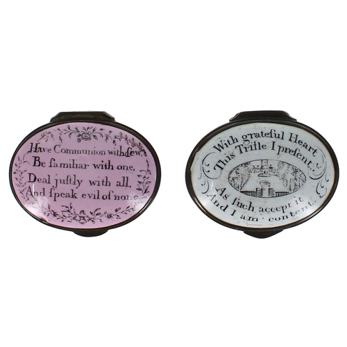 1239 - Bilston 18th century oval pink enamel patch box, the top with a mirror interior and motto ‘Hav... 