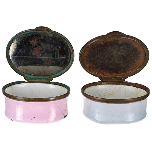 1239 - Bilston 18th century oval pink enamel patch box, the top with a mirror interior and motto ‘Hav... 