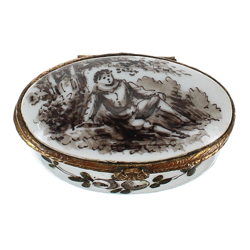 1240 - French faience porcelain and gilt metal oval trinket box, marked ‘Sceaux 1767’, the top depicting a ... 