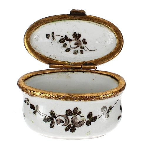 1240 - French faience porcelain and gilt metal oval trinket box, marked ‘Sceaux 1767’, the top depicting a ... 