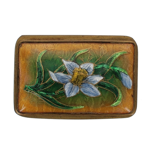 1241 - Attractive gilt enamel rectangular trinket box, decorated with pale blue flowers on a mottled orange... 