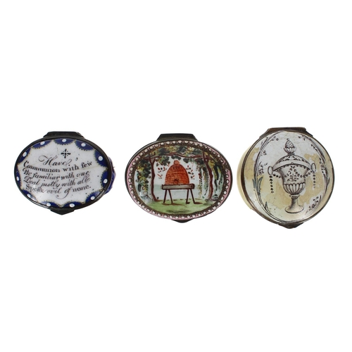 1242 - Three Bilston 18th century enamel patch boxes, each inset with mirrors (3) (two with faults)... 