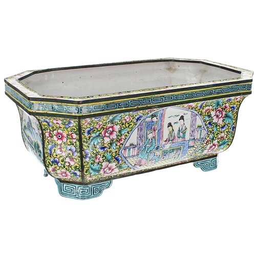 1308 - Pair of Chinese Canton enamel low jardinières, of rectangular form with canted comers upon corner br... 