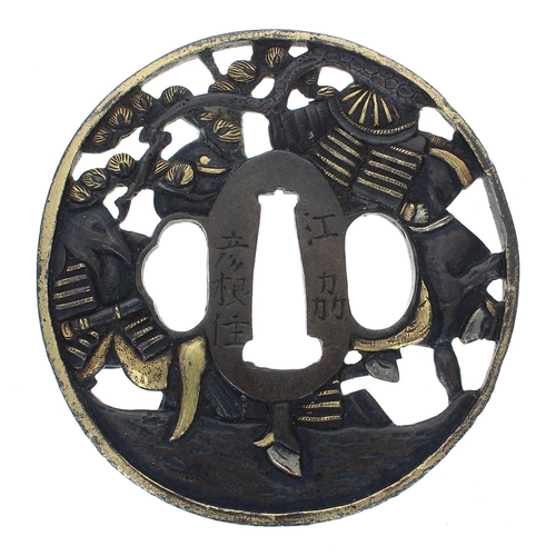 1310 - Japanese signed bronze and gilded sword tsuba, depicting figure and a horse, 3