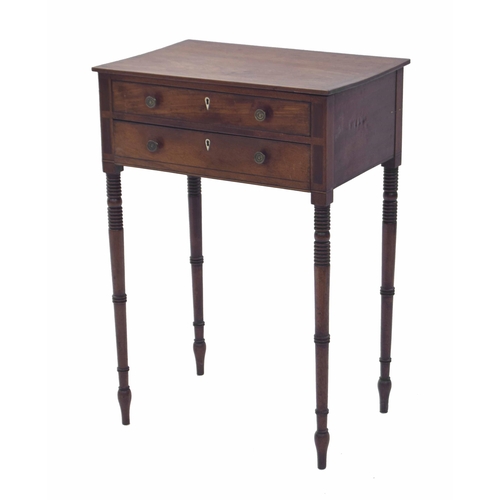 1405 - Early 19th century mahogany side table, the crossbanded top with boxwood inlay, over two frieze draw... 