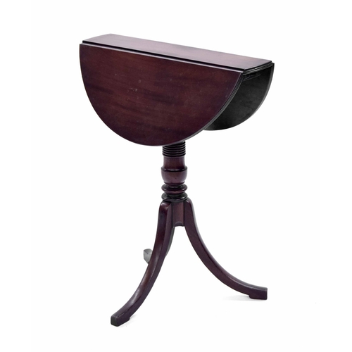 1410 - Unusual Georgian mahogany circular dropleaf tripod table, with demi lune leaves upon a barrel turned... 