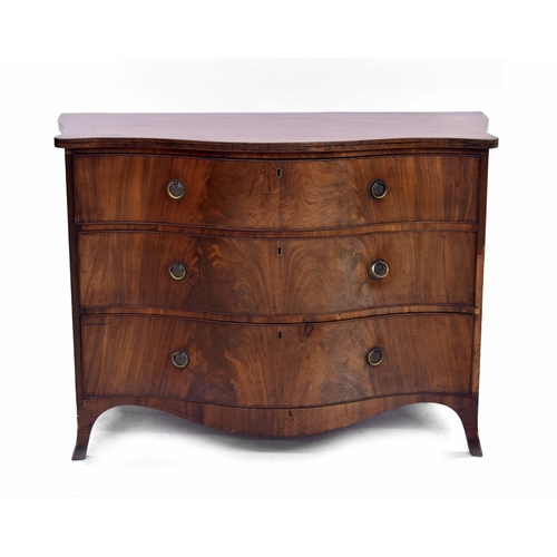 1422 - George III mahogany serpentine chest of drawers, the top with an inlaid frieze over three drawers ea... 