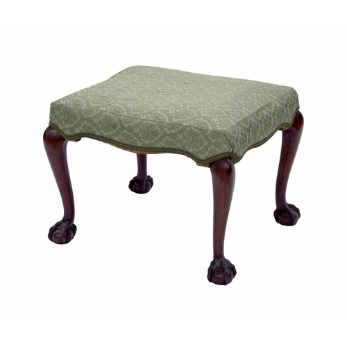 1427 - George III style mahogany rectangular dressing stool, with a green foliate stuffover seat upon cabri... 