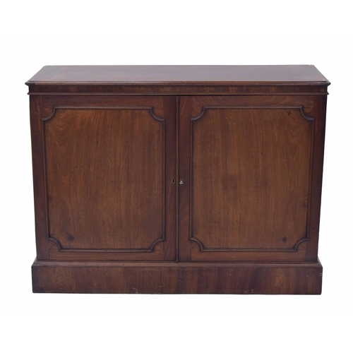 1428 - Victorian mahogany low library cupboard, the rectangular moulded top over double panelled doors encl... 