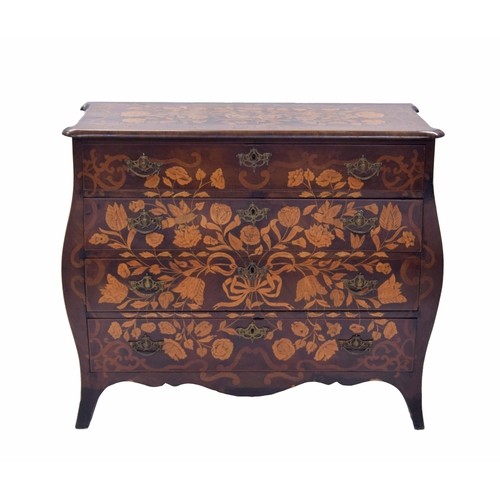 1429 - Dutch 19th century walnut marquetry bombé chest of drawers, profusely decorated with foliate designs... 