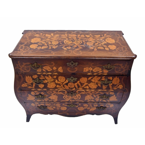 1429 - Dutch 19th century walnut marquetry bombé chest of drawers, profusely decorated with foliate designs... 