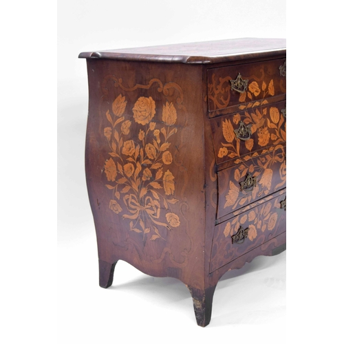 1429 - Dutch 19th century walnut marquetry bombé chest of drawers, profusely decorated with foliate designs... 