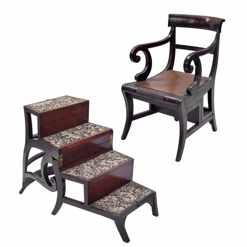 1431 - Rare Regency mahogany metamorphic library steps armchair, with a horizontal back over scroll swept a... 