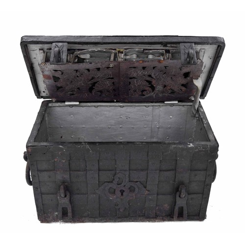 1432 - Rare 17th/18th century German iron 'Armada' strapwork chest, the hinged top inset with an impressive... 