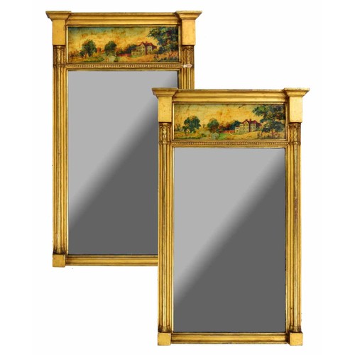 1275 - Pair of Regency gilt wood and eglomise pier wall mirrors, the plain glass with dense patina surmount... 