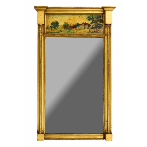 1275 - Pair of Regency gilt wood and eglomise pier wall mirrors, the plain glass with dense patina surmount... 