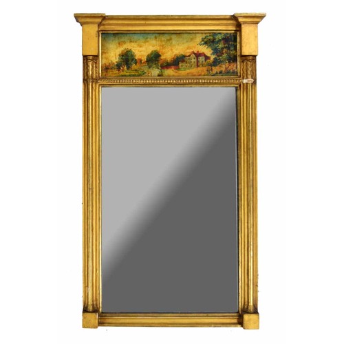 1275 - Pair of Regency gilt wood and eglomise pier wall mirrors, the plain glass with dense patina surmount... 