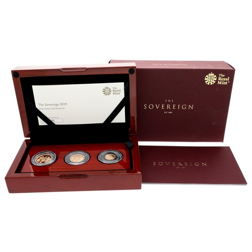 97 - The Royal Mint - The Sovereign 2019, Three-Coin Gold Proof Set, to include a full, half and quarter ... 