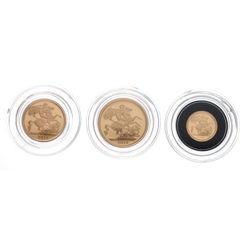 97 - The Royal Mint - The Sovereign 2019, Three-Coin Gold Proof Set, to include a full, half and quarter ... 